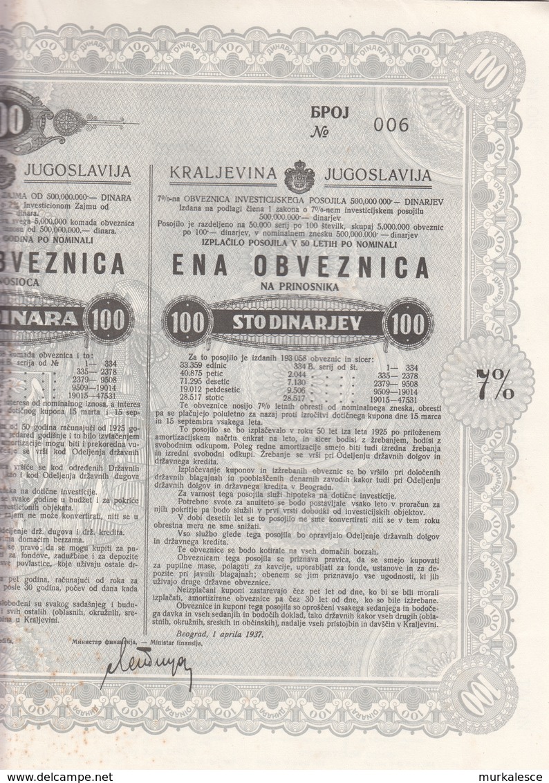 3392  SLOVENIJA  6 X  OBVEZNICA  100 DINARA  1937   NR.001-002-003-004-005-006 - Slovenië