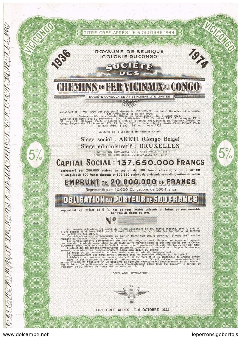 Obligation Uncirculed - Société Des Chemins De Fer Vicinaux Du Congo - Titre De 1936 - Chemin De Fer & Tramway