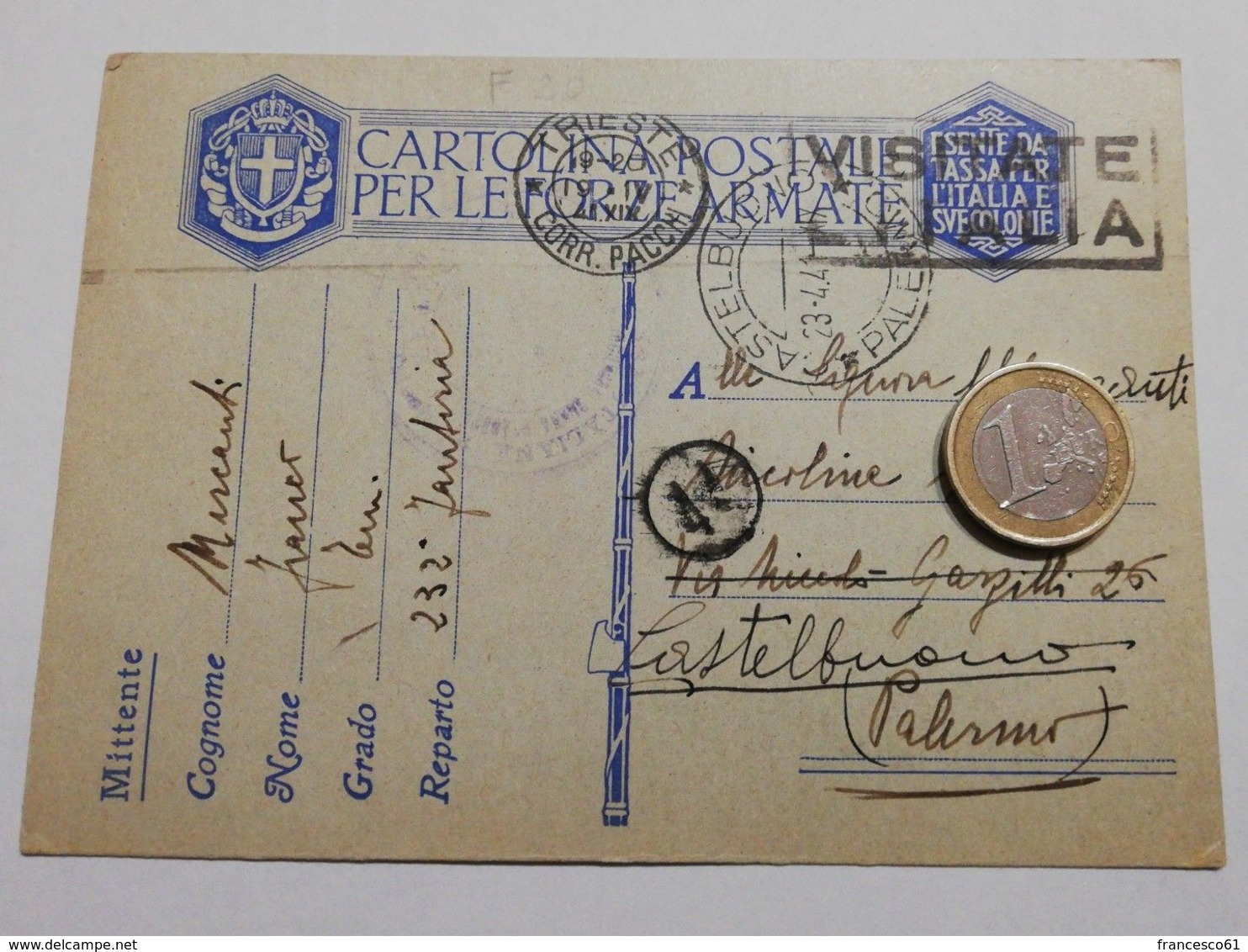 2868) FRANCHIGIA POSTA MILITARE Trieste 1941 X Palermo Rispedita Castelbuono - Storia Postale