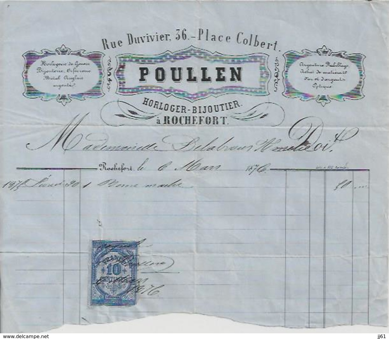 ROCHEFORT SUR MER POULLEN HORLOGER BIJOUTIER ORFEVRERIE METAL ANGLAIS OR ET ARGENT ANNEE 1876 - Autres & Non Classés