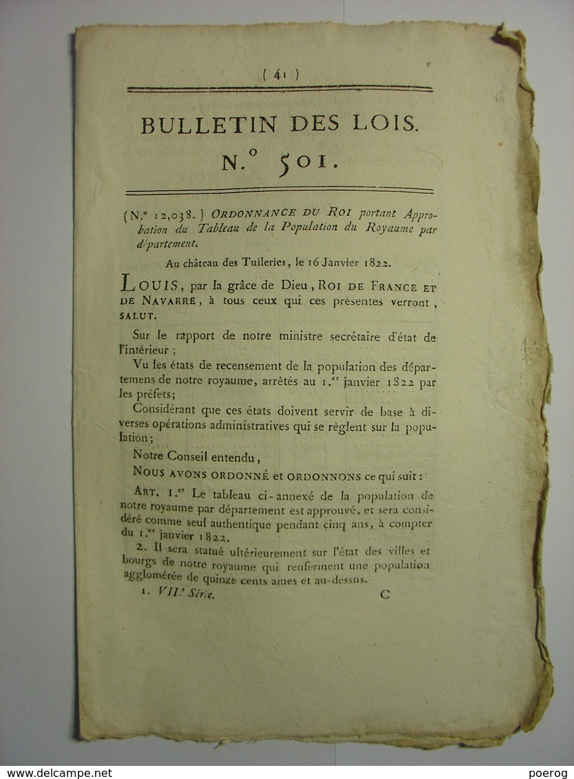 BULLETIN DES LOIS De JANVIER 1822 - POPULATION DU ROYAUME PAR DEPARTEMENT POUR 1821 - RECENSEMENT - LETTRES PATENTES - Décrets & Lois