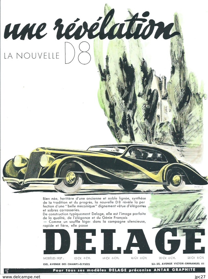 Publicité DELAGE  Automobile Traction La Nouvelle D8 Cachet Certifié D'époque 1937 - Affiches