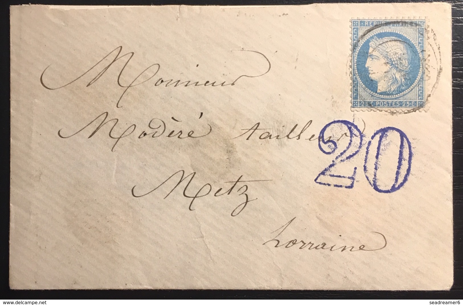 LETTRE FRANCE Alsace Lorraine N°60I Pour Metz + Taxe Allemande 20c Petit Modele Violet, Utilisé 2 Jours Du 9 Au 11 NOV ! - Altri & Non Classificati