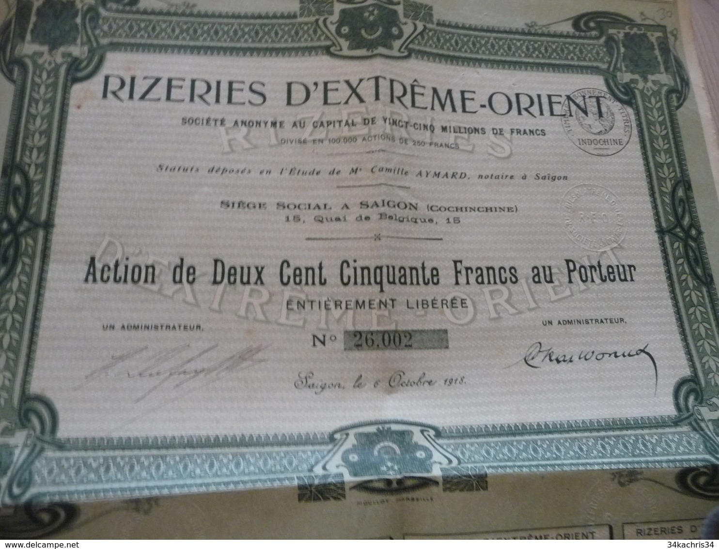 Action 250 Francs Au Porteur Rizeries D'Extrême Orient Riz Saïgon 1918 - Asie