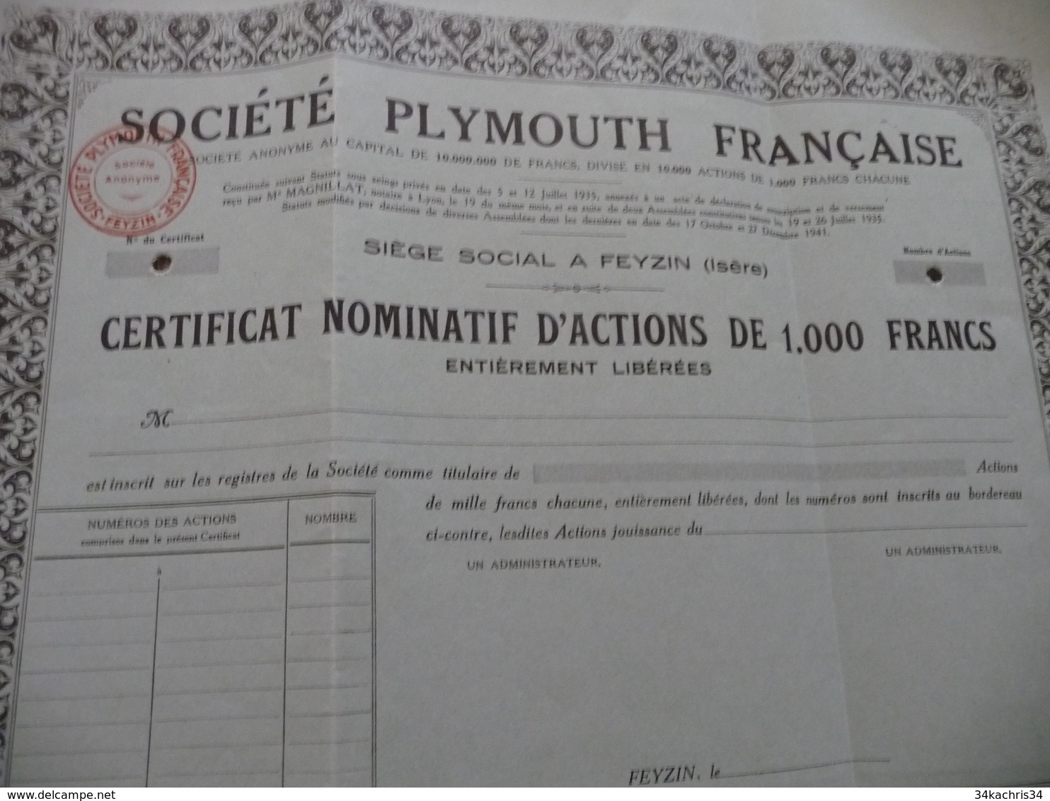 Action Certificat Nominatif Vierge Plymouth Française  Feyzin Isère Fils électriques - Industrie