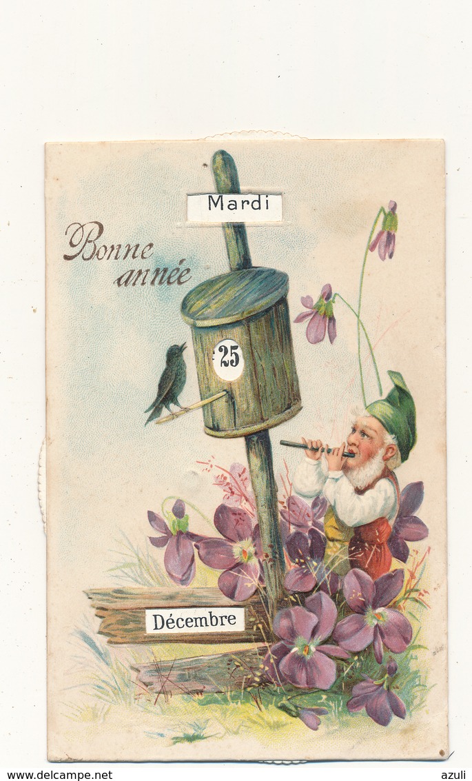 BONNE ANNEE - Système Calendrier Perpétuel - Lutin, Flûte, Violettes -  Carte Gauffrée - Nouvel An