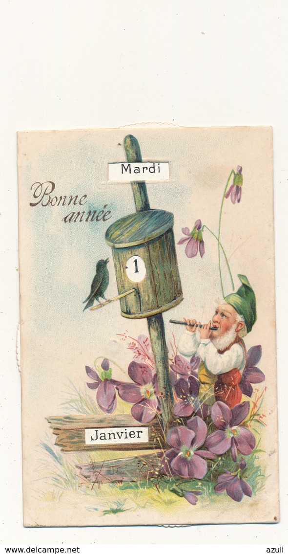 BONNE ANNEE - Système Calendrier Perpétuel - Lutin, Flûte, Violettes -  Carte Gauffrée - Nouvel An