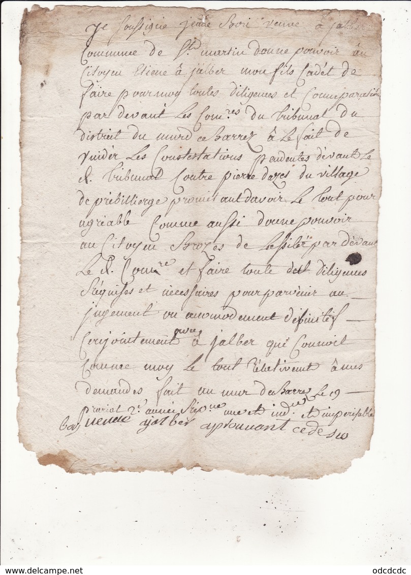 Manuscrit Concerne Le Tribunal Du District De Mur De Barrez Aveyron Dos Cachet Minute - Manuscrits