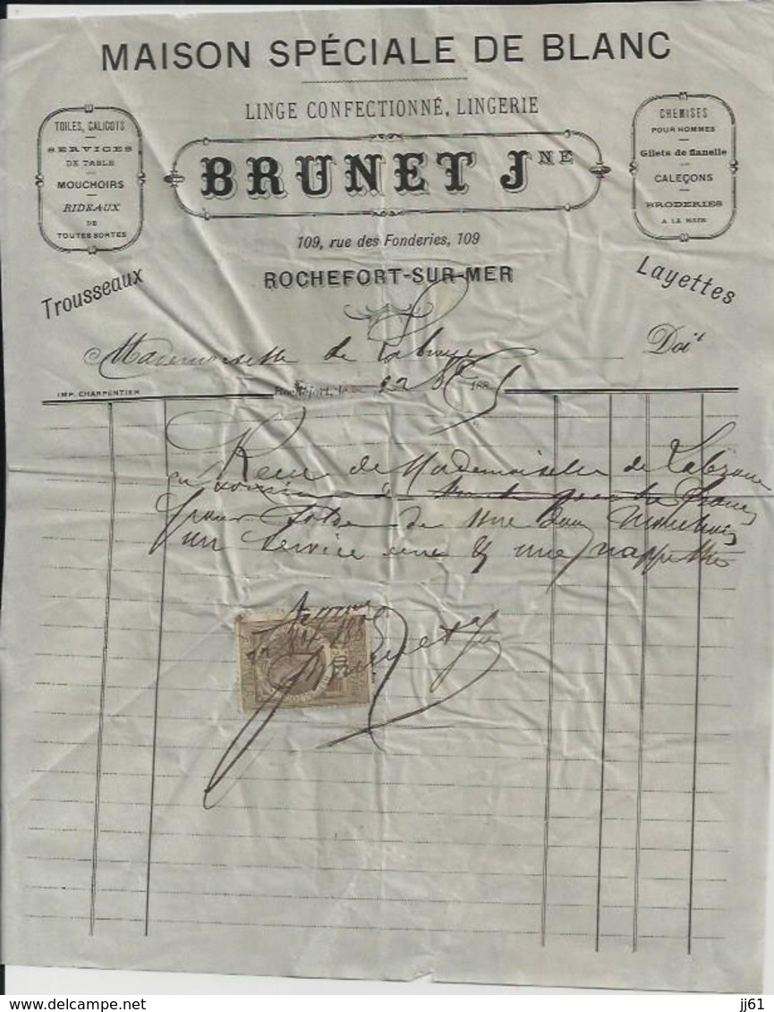 ROCHEFORT SUR MER BRUNET MAISON SPECIALE DE BLANC MOUCHOIRS CALICOTS BRODERIE CALECONS TROUSSEAUX ANNEE 1885 PLISSE - Autres & Non Classés