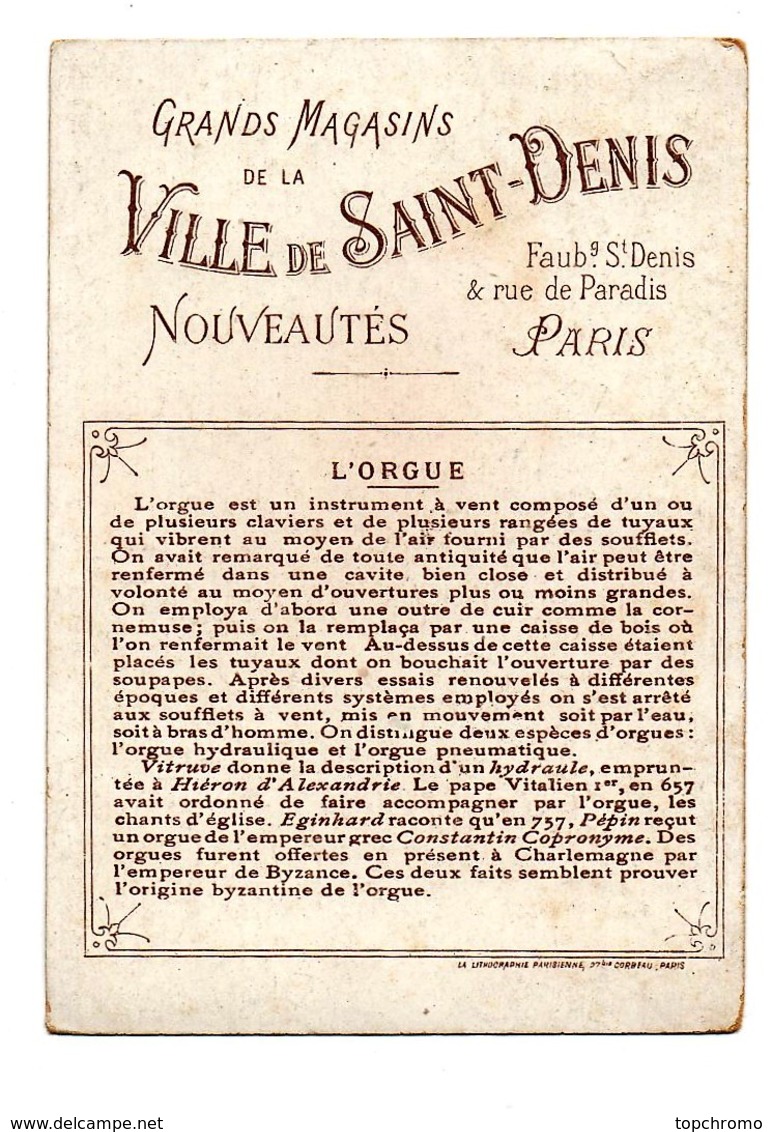 CHROMO Magasins Ville De St Denis Musique Instrument L'orgue Un Organiste à Bysance Byzance Grèce Habits Tradionnels - Autres & Non Classés