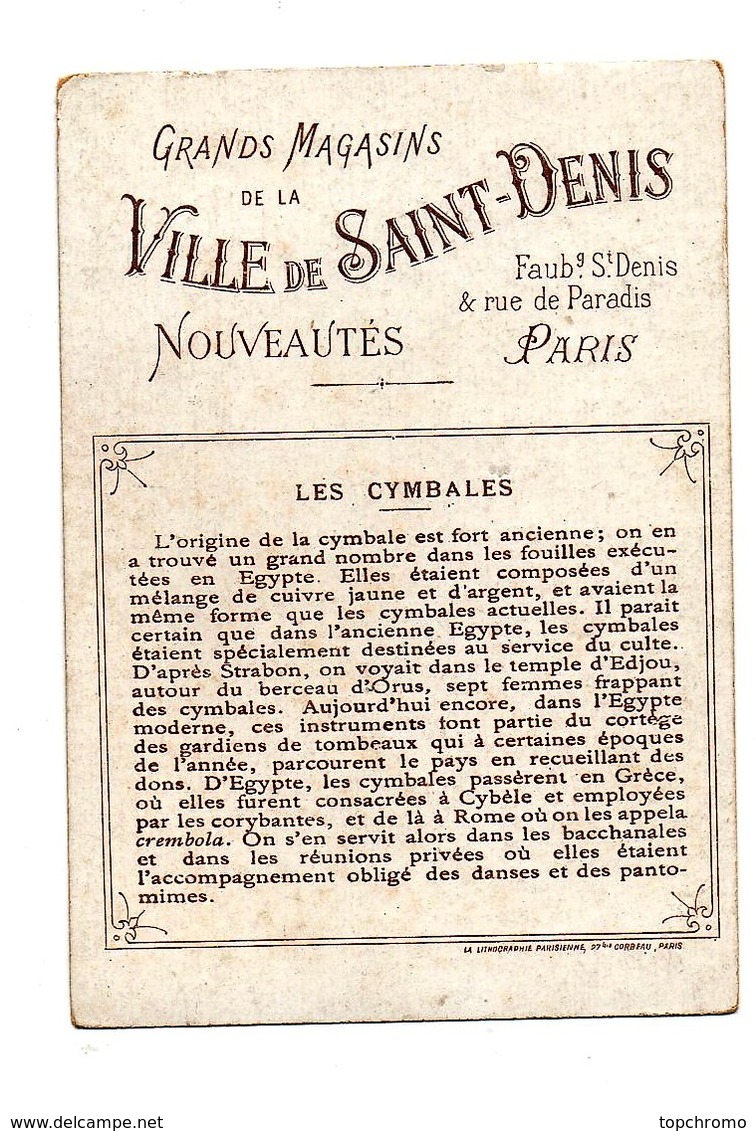 CHROMO Magasins Ville De St Denis Musique Instrument Les Cymbales Dyoniniaques Egypte Femmes Habits Tradionnels - Autres & Non Classés