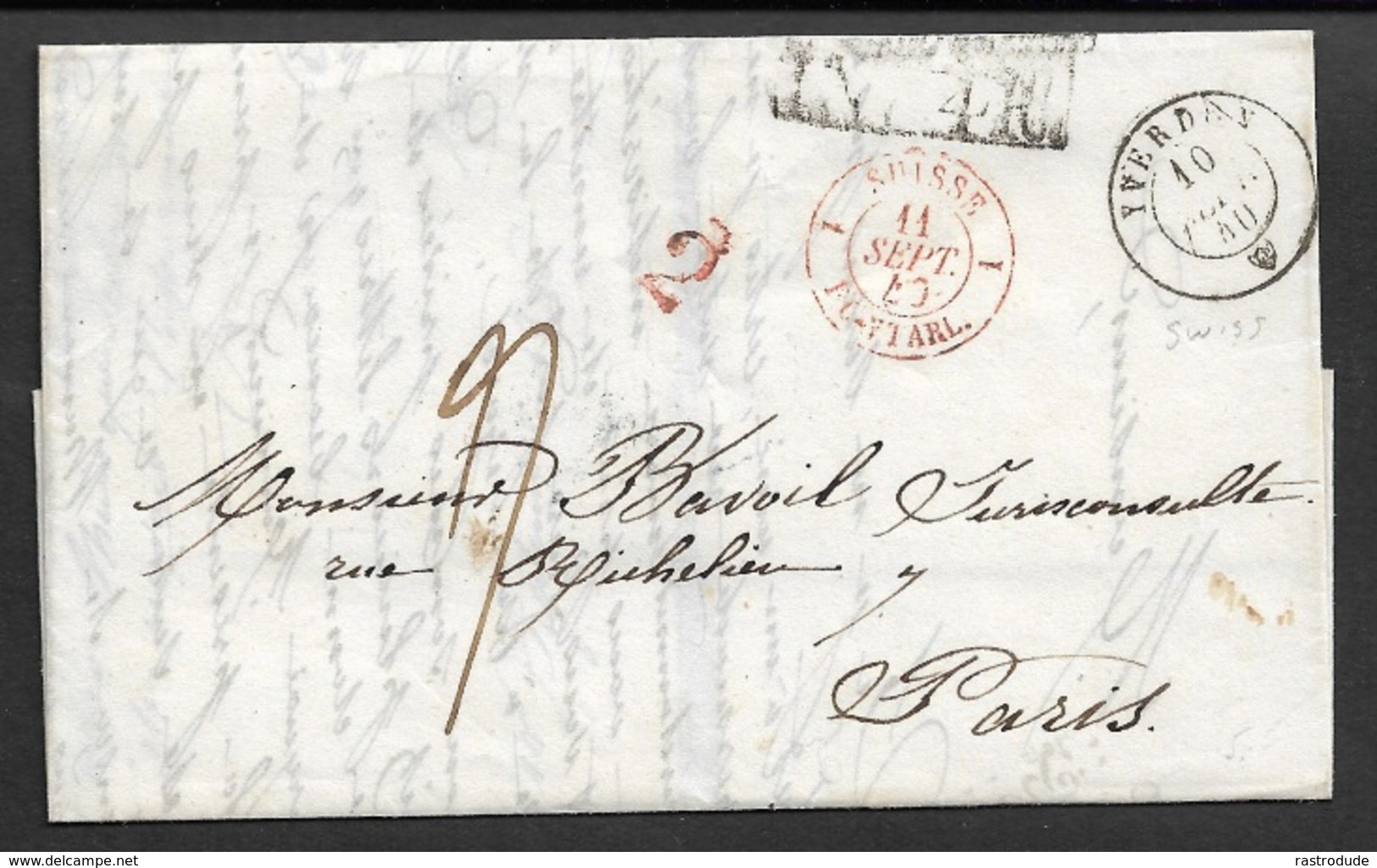 1840 - LAC - YVERDON A PARIS - CACHET FRONTIÈRE - ...-1845 Prephilately