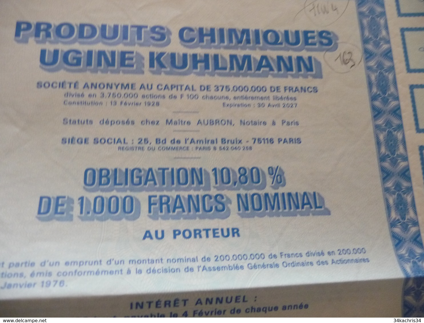 Action Obligation 1 000 Francs Produits Chimiques Ugine Kuhlmann Péchiney 1977 - Industrie