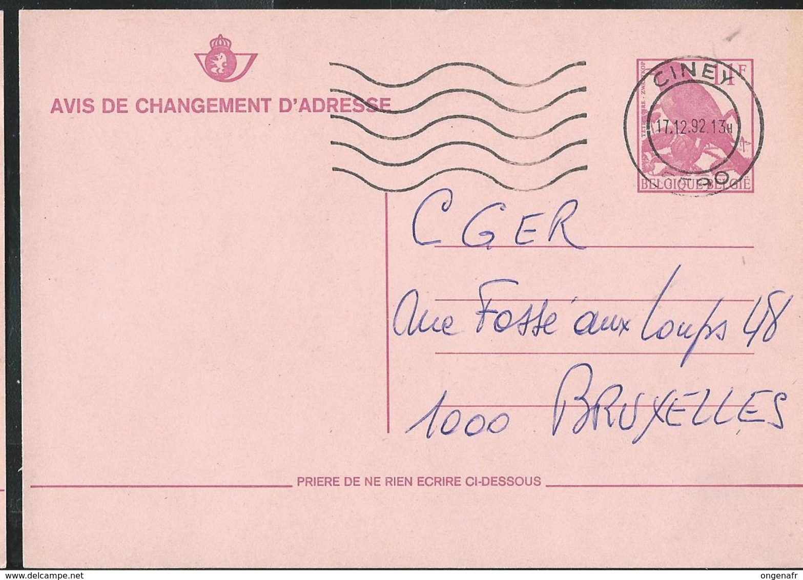 Doc. De CINEY (5590) Du 17/12/92    Chgt D'adresse Buzin - Rural Post