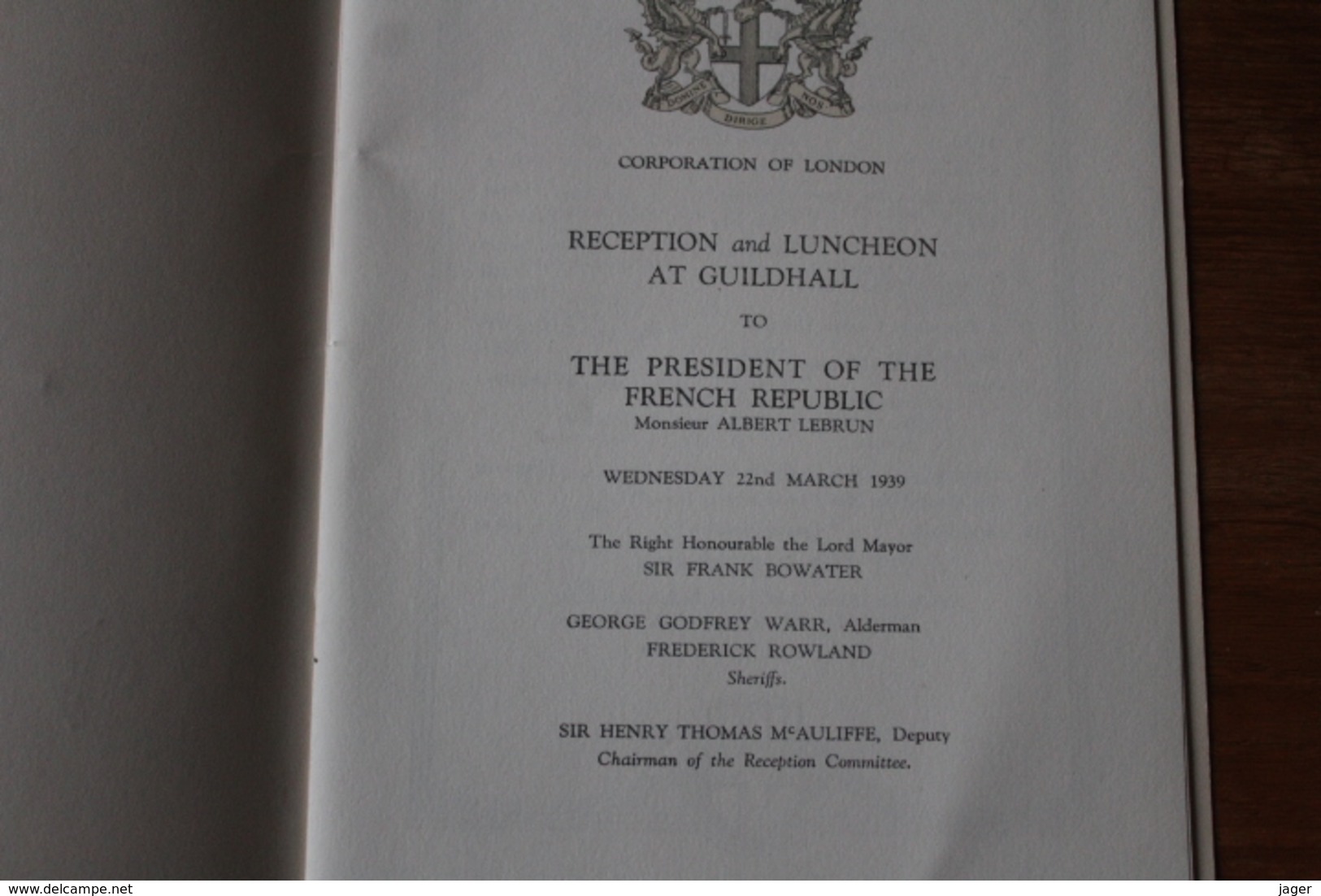 Menu  1939 President De La Republique London Corporation - Menú