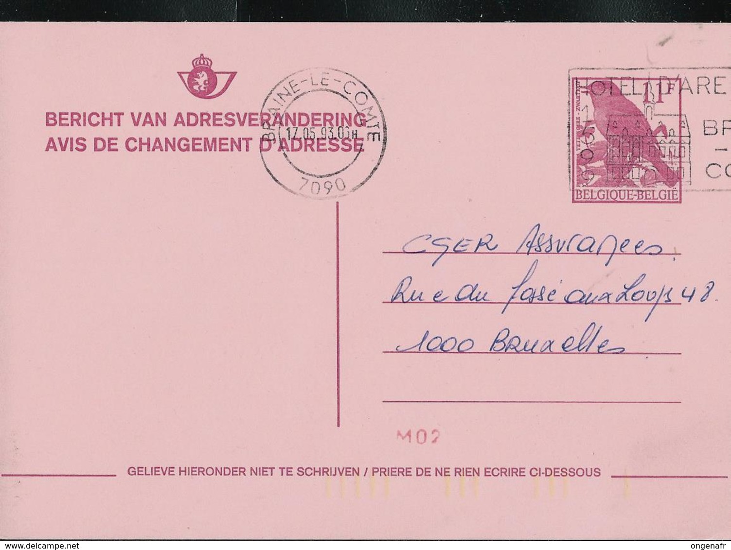 Doc. De BRAINE - LE - COMTE  (7090) Le 17/05/93   Chgt D'adresse Buzin - Landpost (Ruralpost)