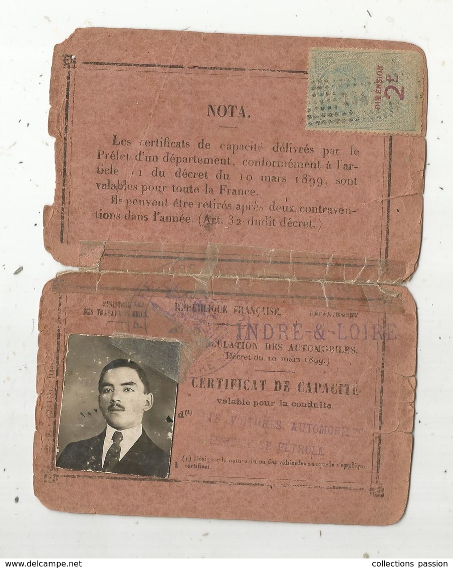 Certificat De Capacité Pour La Conduite Des Voitures Automobiles à Essence De Pétrole ,Indre Et Loire,1922,2 Scans - Non Classés