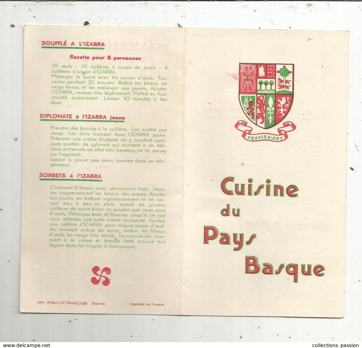 Publicité ,cuisine Du PAYS BASQUE , 4 Pages ,recettes, Blason ,2 Scans - Publicités