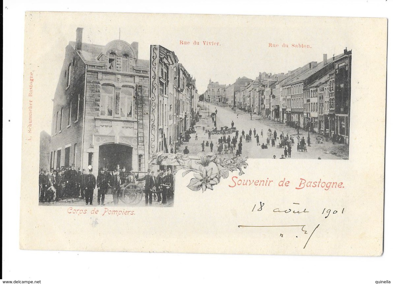 Bastogne  ( M 3180 )  " Souvenir De Bastogne "  ( Corps De Pompiers Avec Grand échelle  & Rue Du Vivier / Sablon) - Bastogne