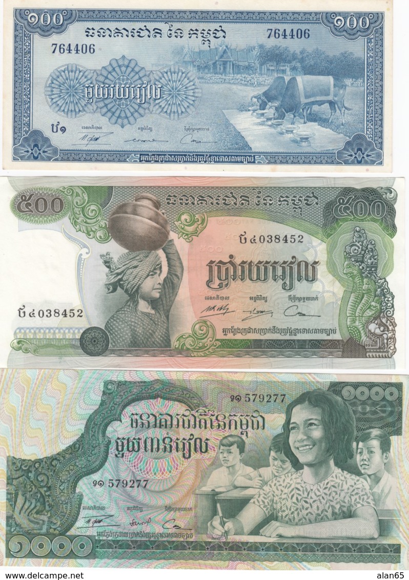 Cambodia Lot Of 3 #13b100 Riels, #16b 500 Riels, #17 1000 Riels 1970s Banknotes - Kambodscha