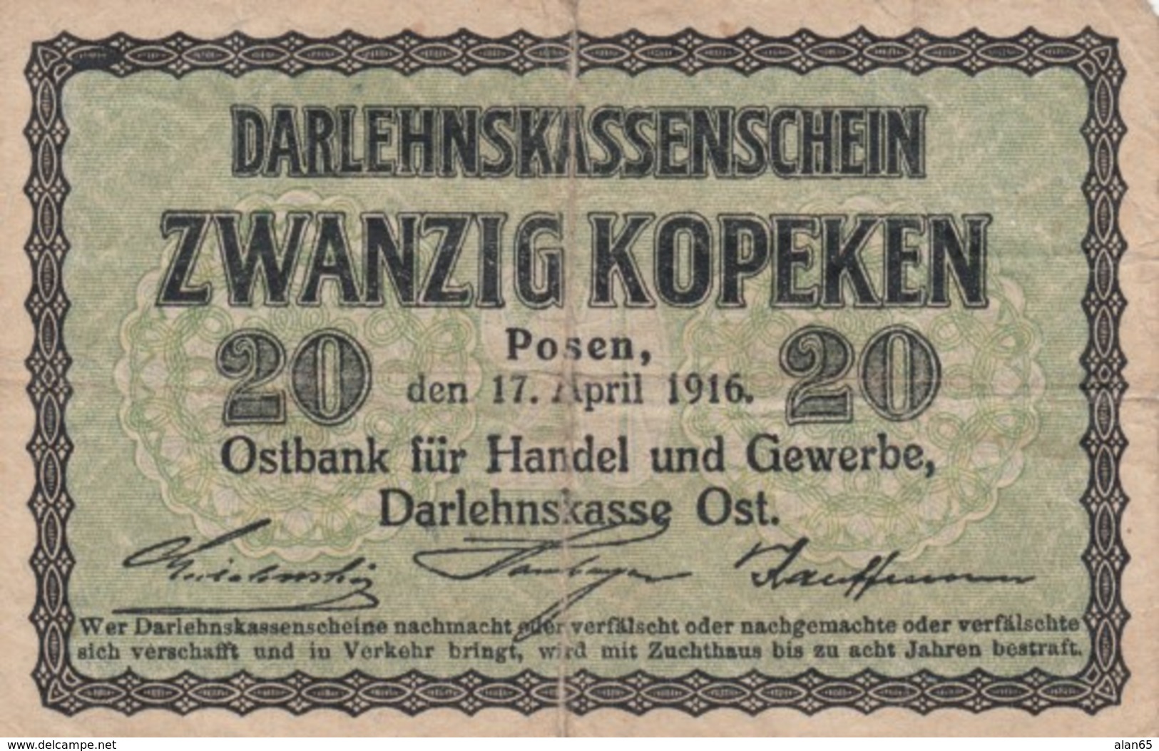 Germany #R120 20 Kopeks1916 Darlehnskassenschein Banknote Currency - WWI