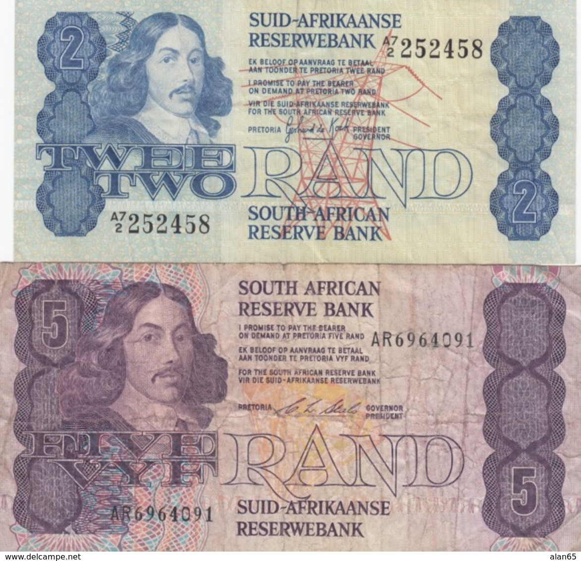 South Africa #118c 2 Rand And #119e 5 Rand, 1980s/90s Banknotes Currency - South Africa