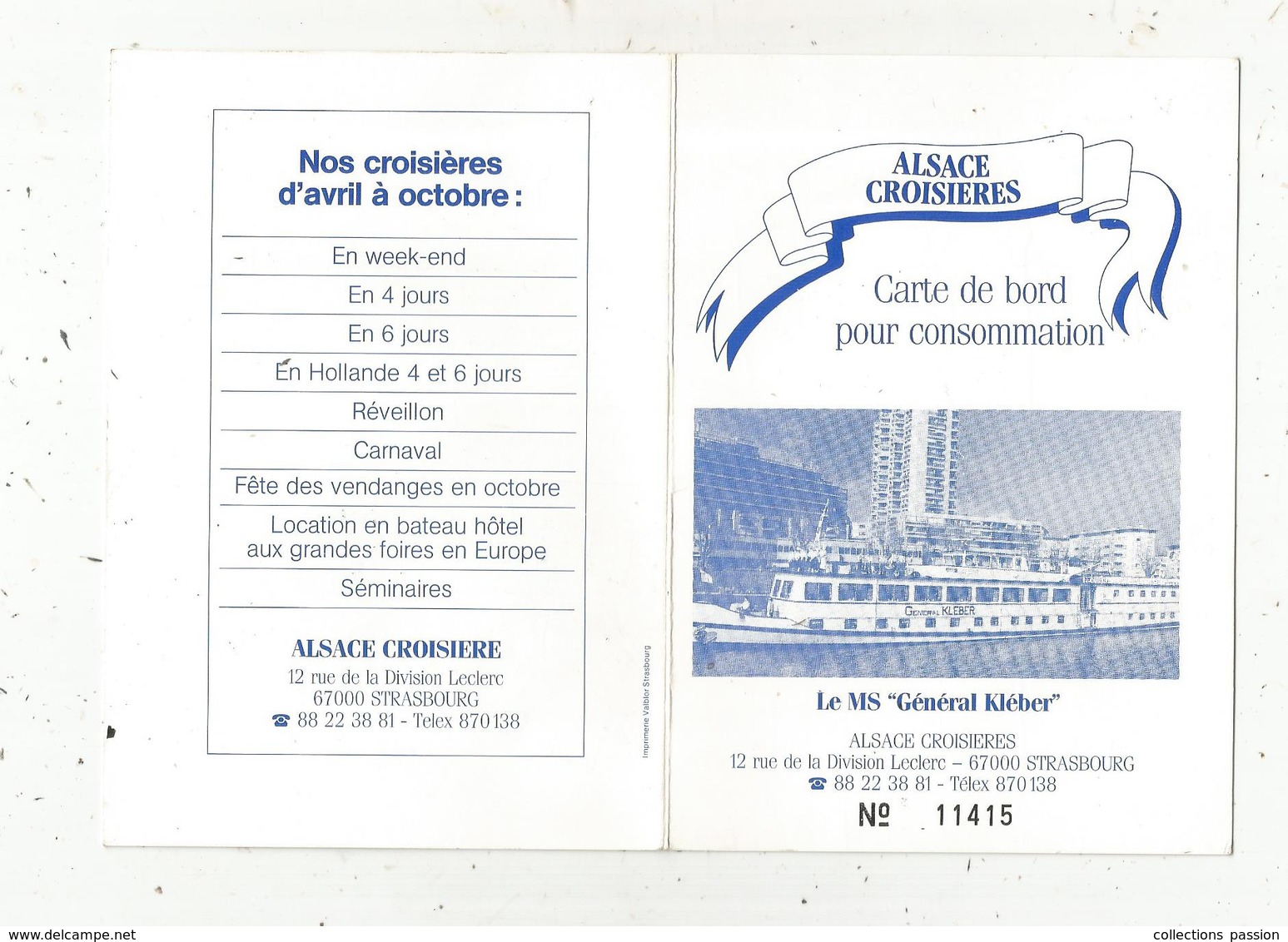 Carte De Bord Pour Consommation, Alsace Croisières ,le MS Général Kléber ,bateaux ,paquebot ,2 Scans ,4 Pages - Non Classés