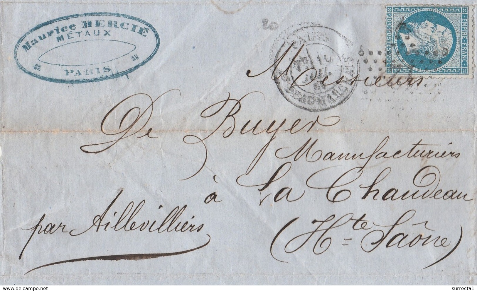 Lettre Facture 1866 / Maurice MERCIE / Métaux / 41 Rue Turenne / 75 Paris / Cachet Pointillé Aillevillers 70 - 1800 – 1899