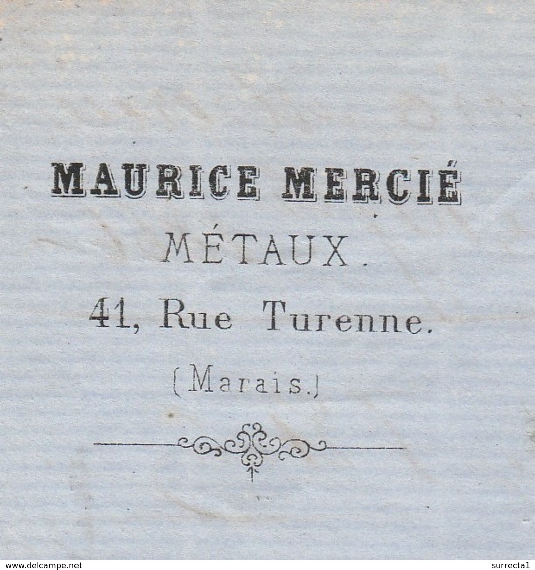 Lettre Facture 1866 / Maurice MERCIE / Métaux / 41 Rue Turenne / 75 Paris / Cachet Pointillé Aillevillers 70 - 1800 – 1899