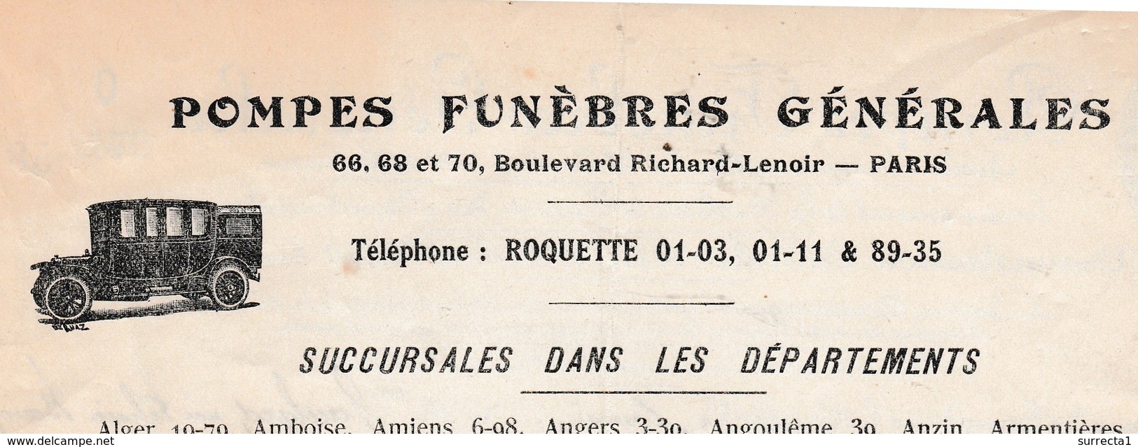 Facture 1923 / Pompes Funèbres Générales / Voiture Corbillard / Bd Lenoir / 75 Paris - 1900 – 1949