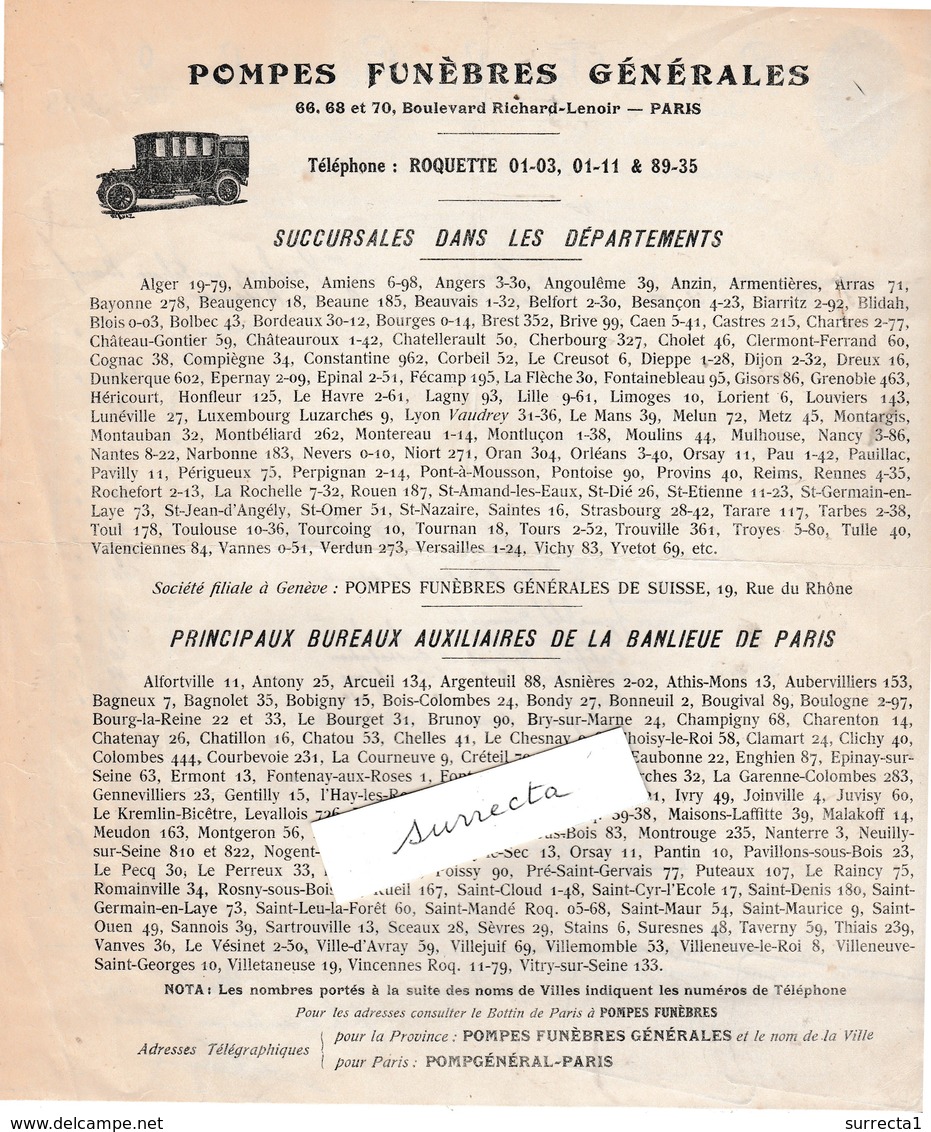 Facture 1923 / Pompes Funèbres Générales / Voiture Corbillard / Bd Lenoir / 75 Paris - 1900 – 1949