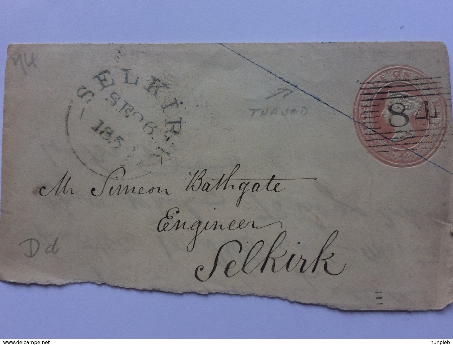 GB - Victoria Pre-paid Front Of Cover Rose Pink 1850`s With Silk Thread And Selkirk Postmark - Covers & Documents