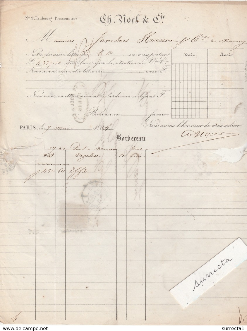 Facture 1864 / Ch. NOEL & Cie / Banque / 9 Fg Poissonnière / 75 Paris - 1800 – 1899