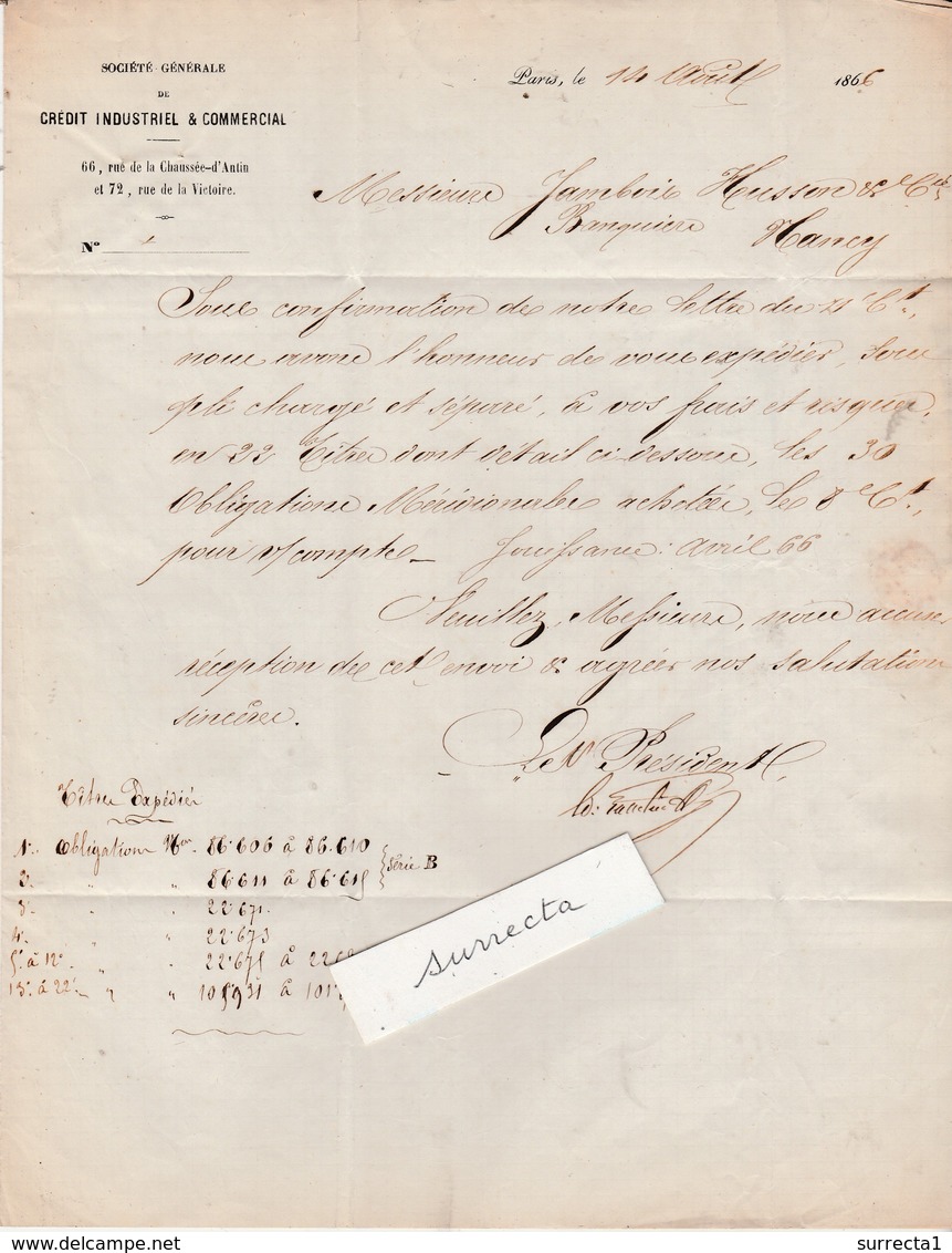 Facture 1866 / Sté Générale Crédit Industriel & Commercial / Banque / 66 Chaussée D' Antin / 75 Paris - 1800 – 1899