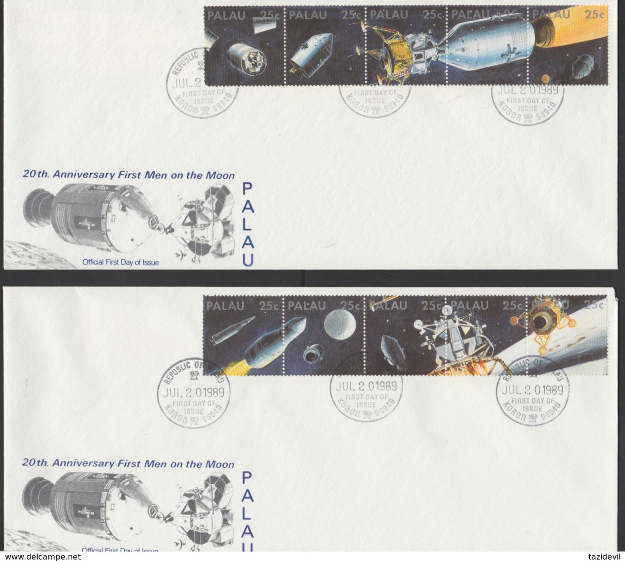 PALAU - First Day Covers - 1989 Set Of 5 Moon Landing In Strips. Great Way To Obtain Used Stamps For Your Collection! - Palau