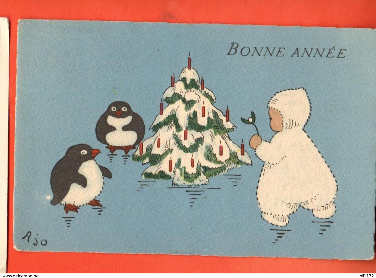 EBH-37  Bonne Année. Pingouin, Arbre De Noël Et Enfant Avec Gui .  Circulé - Nouvel An