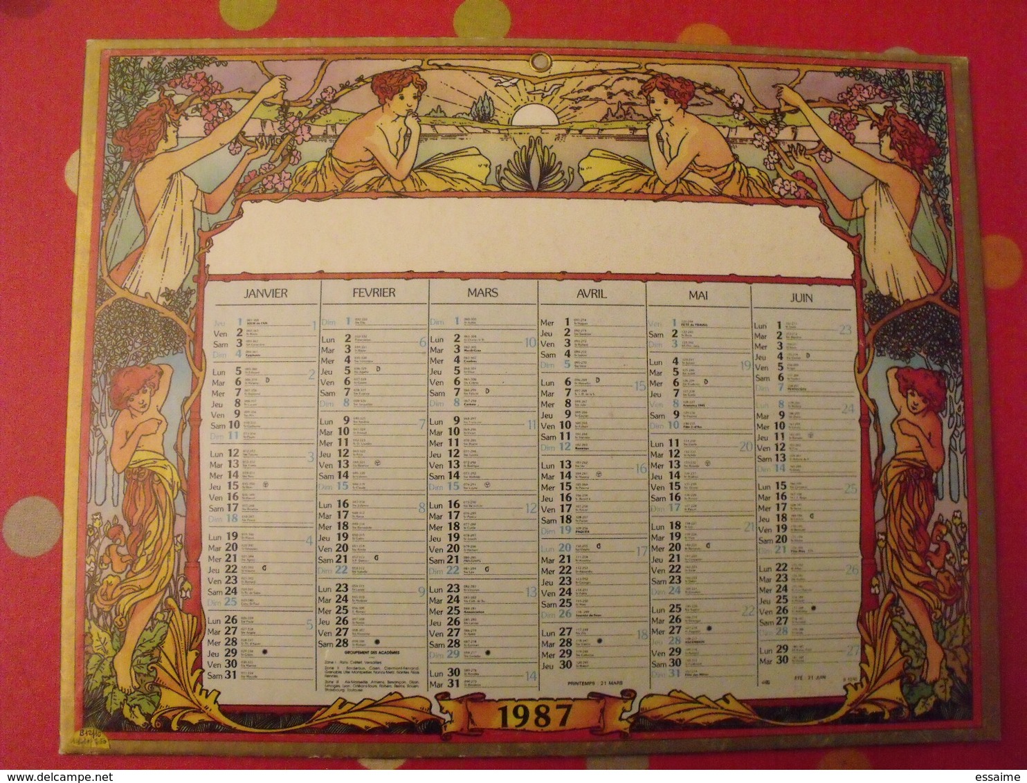 1987. Calendrier Cartonné. Art Nouveau Genre Mucha - Grand Format : 1981-90