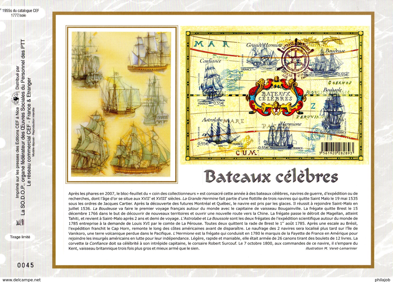 " BATEAUX CELEBRES " Sur Feuillet CEF 1er Jour N°té En Soie De 2008. N° 1955s N°YT BF 124 Parfait état - 2000-2009