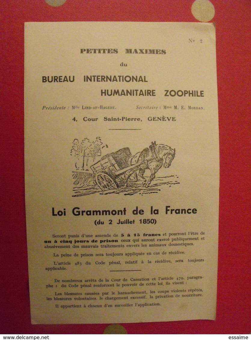 2 Feuillets Maximes Du Bureau International Humanitaire Zoophile. Genève. Loi Grammont + Oiseaux Vers 1930 - Non Classés