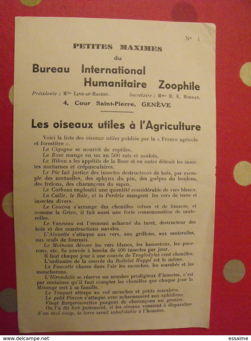 2 Feuillets Maximes Du Bureau International Humanitaire Zoophile. Genève. Loi Grammont + Oiseaux Vers 1930 - Non Classés