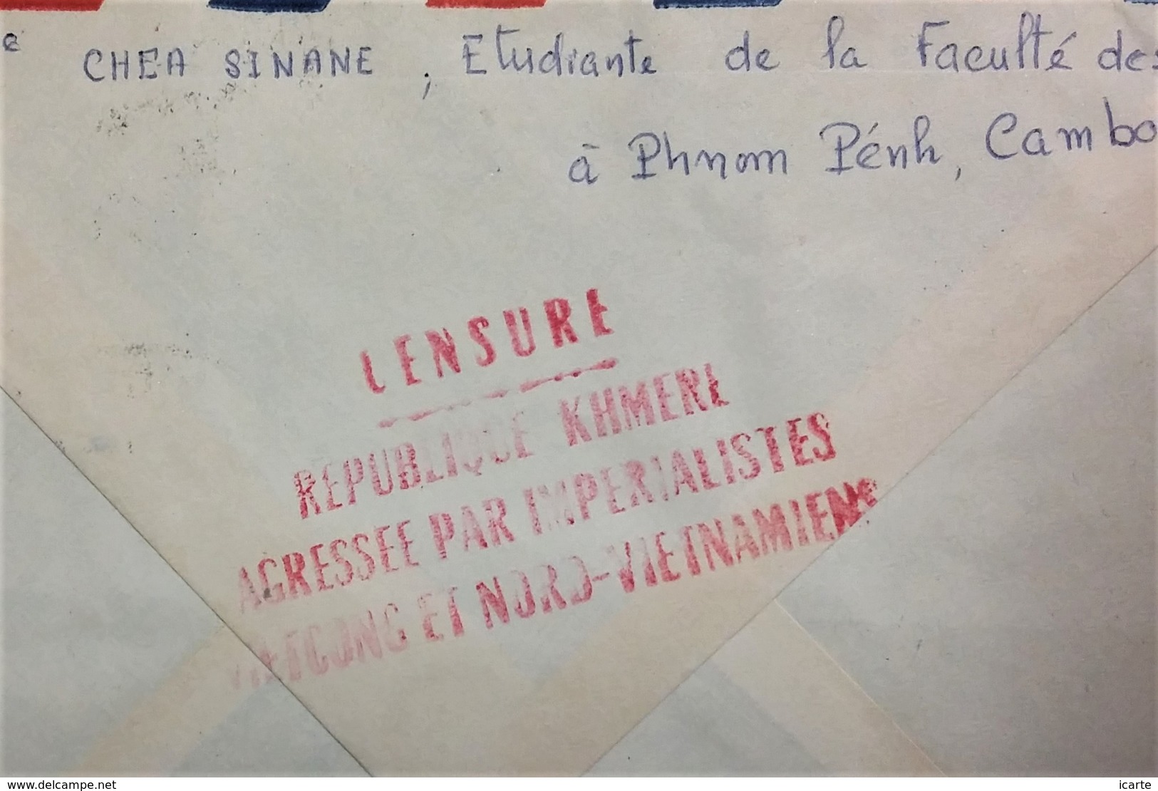 Env CAMBODGE CACHET "CENSURE REPUBLIQUE KHMERE AGRESSEE PAR IMPERIALISTES VIETCONG ET NORD VIETNAMIENS - Cambodge