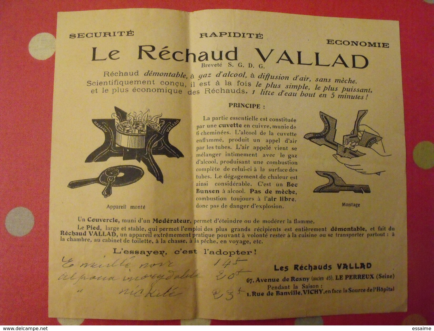 Publicité Le Réchaud Vallad. Le Perreux. Vers 1930 - Matériel Et Accessoires