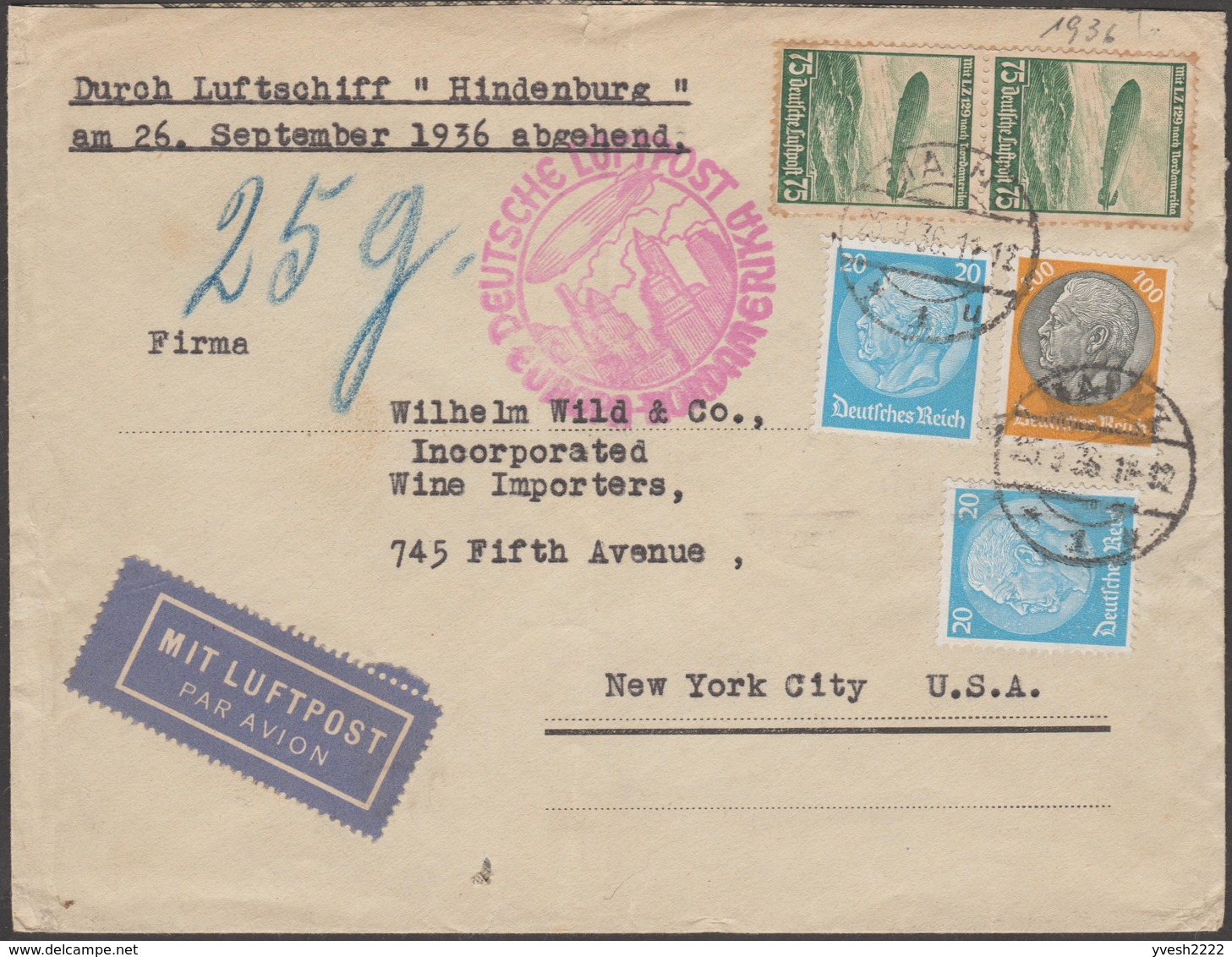 Allemagne. Lettre De 25 Grammes Zeppelin 26 Septembre 1936. Mayence à New York. Affranchissement 2.90 M - Zeppelins