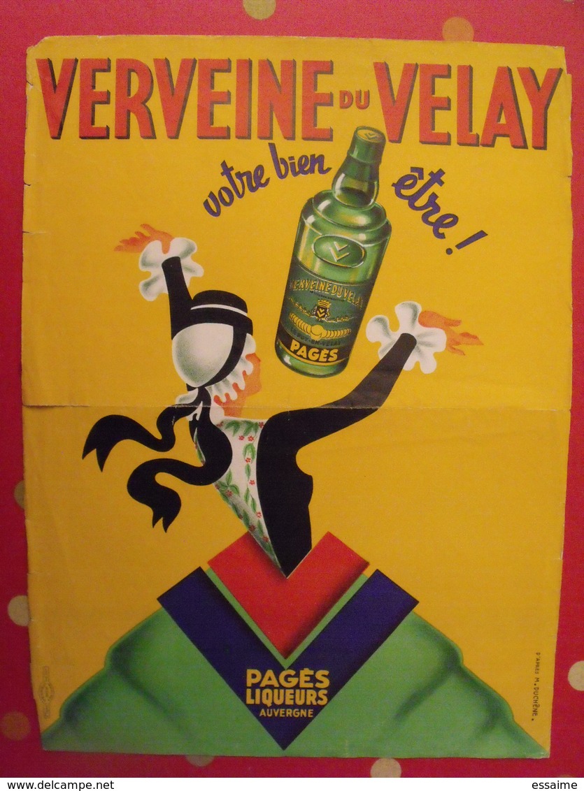 Affiche Publicitaire Verveine Du Velay. Pagès Liqueurs Auvergne. Dessin Signé Duchêne Vers 1950-60 - Publicités