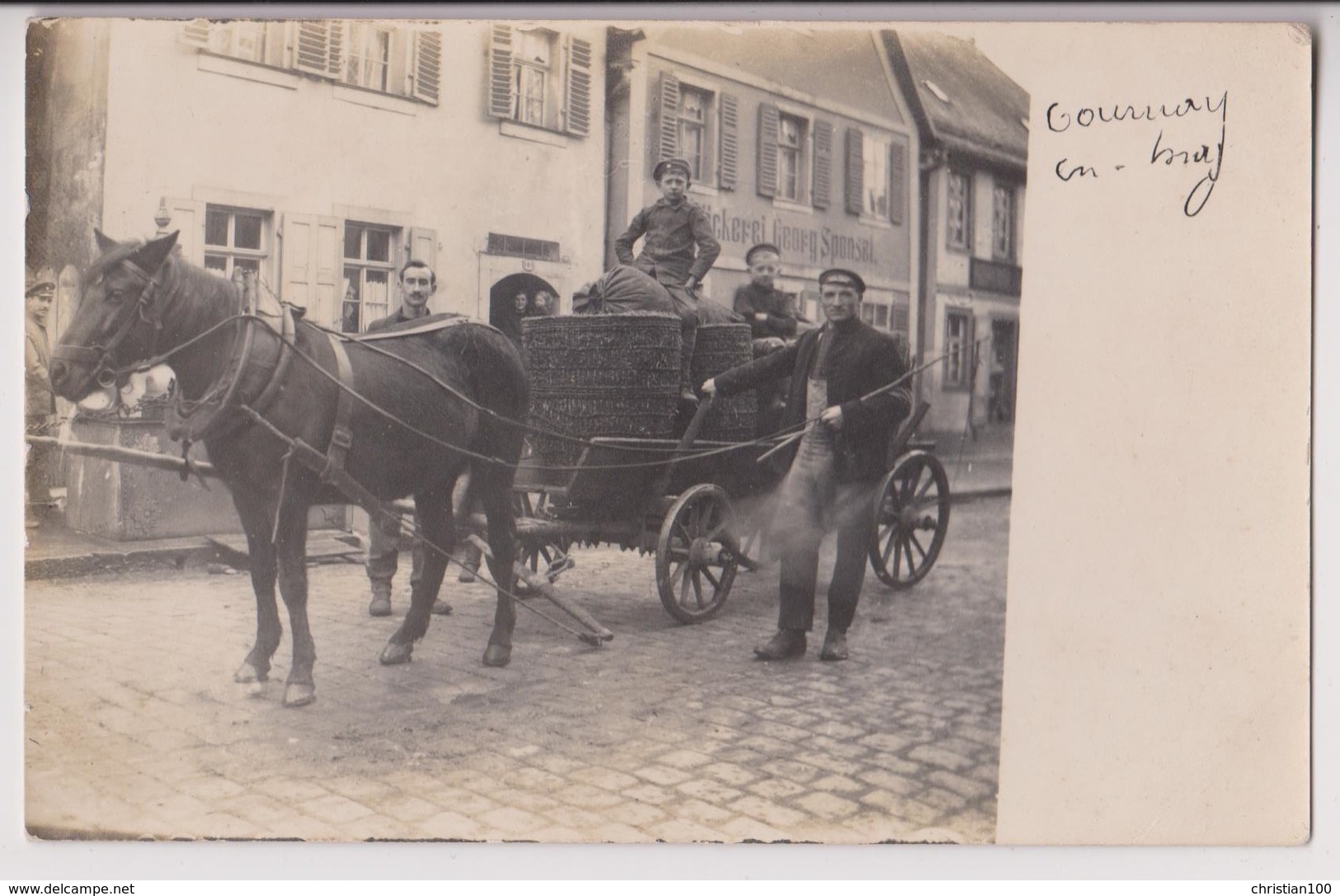 CARTE PHOTO : BACKEREI GEORG SPONSEI (BOULANGERIE) - ATTELAGE ET SACS DE FARINE ? - GOURNAY EN BRAY ?? - 2 SCANS - - A Identifier