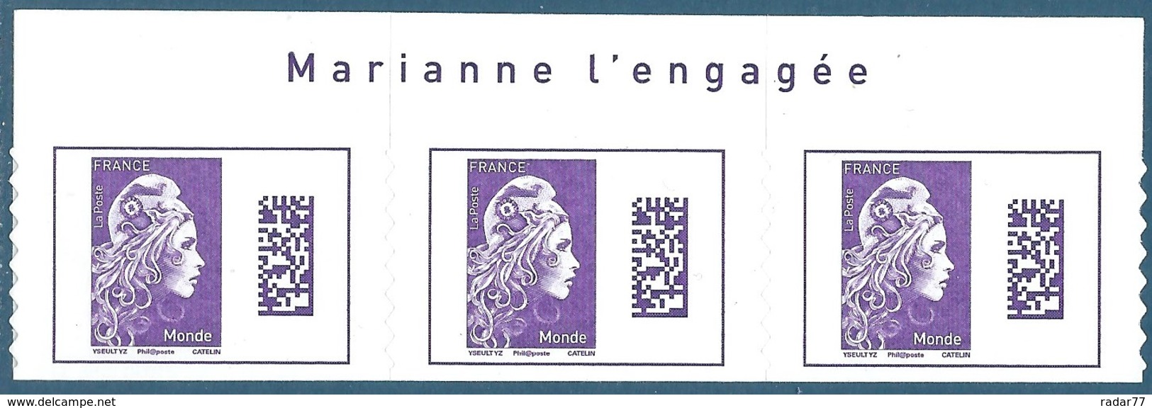 Bande De 3 N°???? Marianne D'Yseult Monde Datamatrix Violet Autoadhésif Neuf** + Avec Inscription Sur Le Bord De Feuille - 2018-2023 Marianne L'Engagée