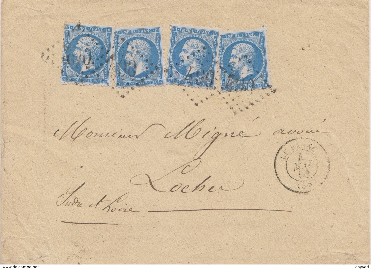 ESC Affr N° 22 X 4 Obl GC 490 De Le Blanc (35) (Ind 3)-Datée 4 MAI 66 - 1849-1876: Période Classique