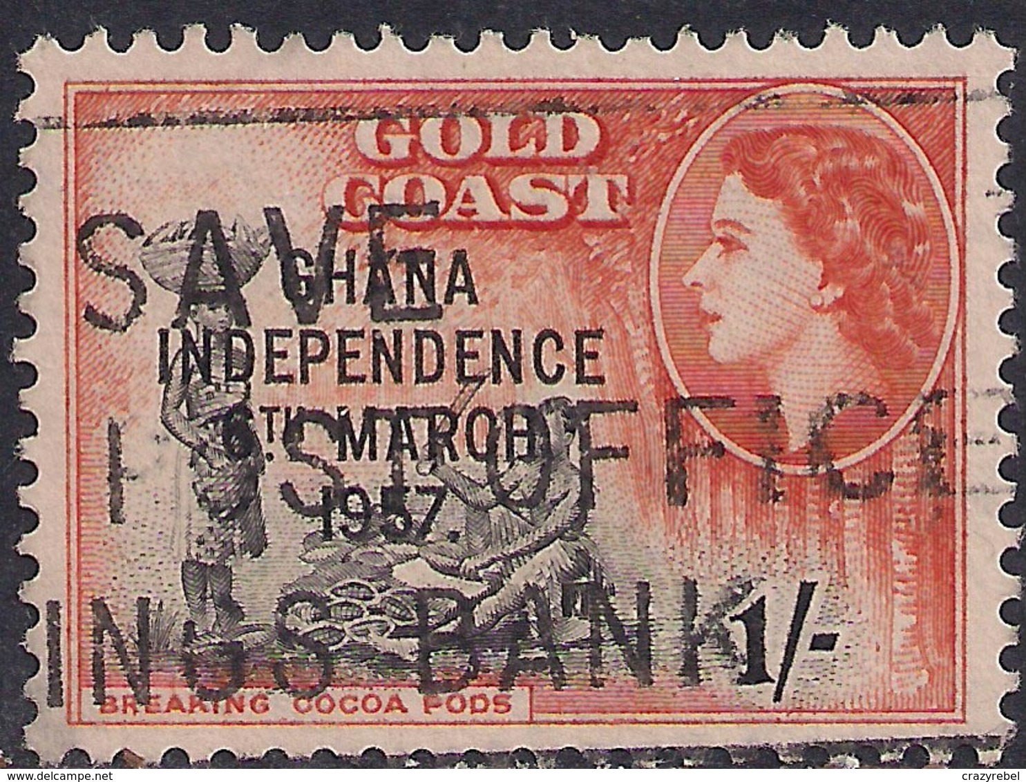 Ghana 1957 - 58 QE2 1/-d Black & Orange Ovpt Independence 1957 SG 178  ( H1271 ) - Ghana (1957-...)