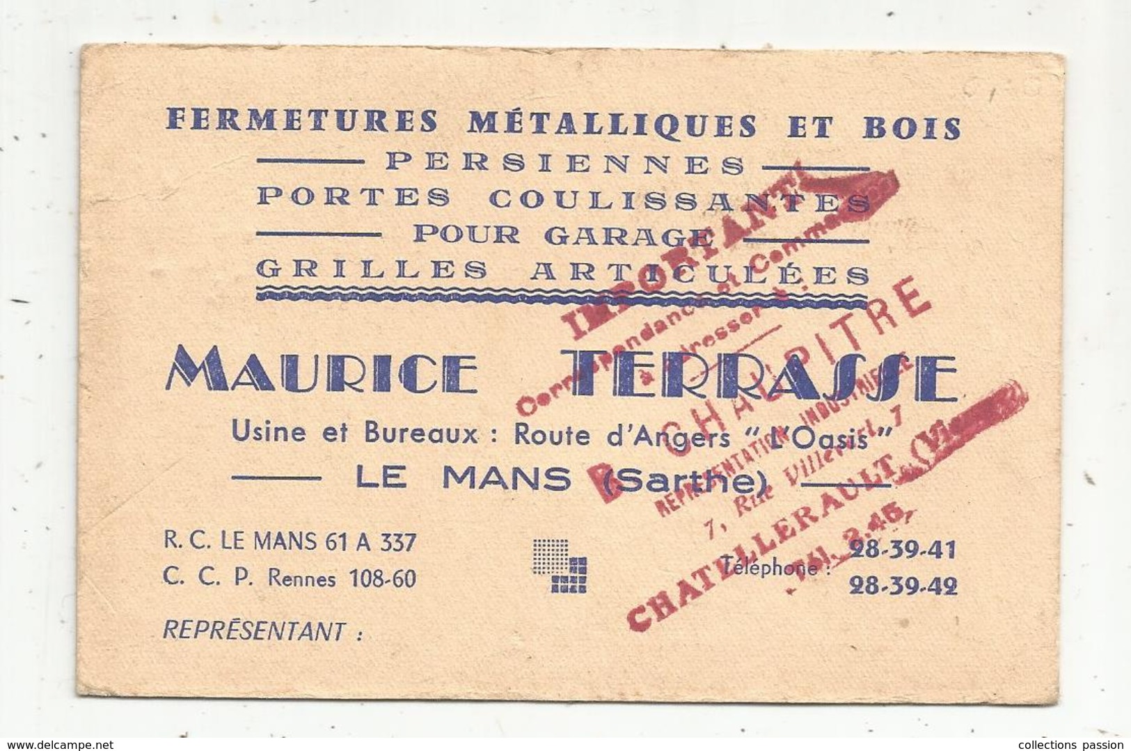 Carte De Visite, Fermetures Métalliques Et Bois,M. Terrasse,Le Mans,Sarthe,B. Chaupitre,représentation,Chatellerault - Tarjetas De Visita