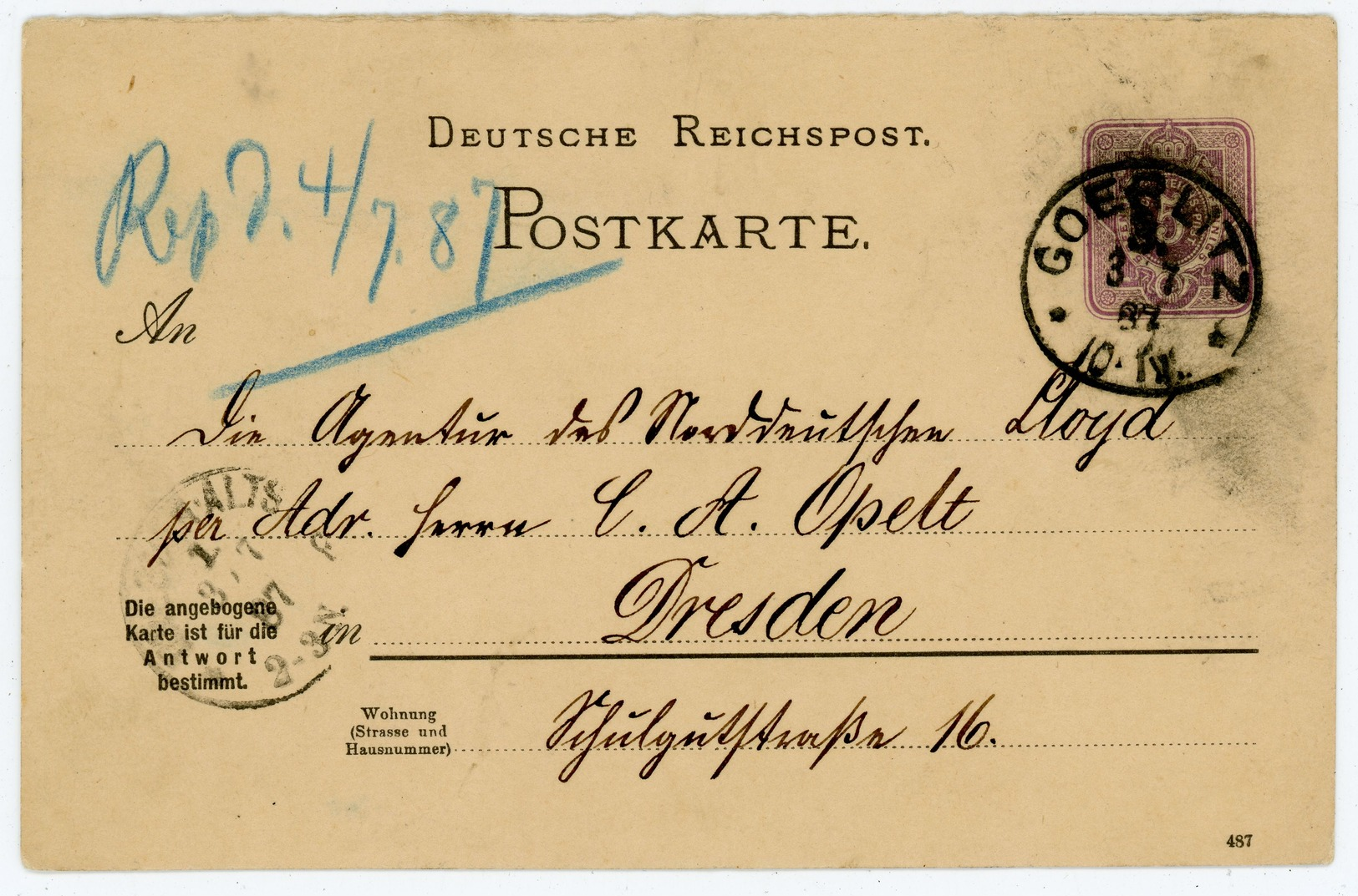 "GOERLITZ * *" 1887 Klarer K 1 Postkarte An Den Norddeutschen Lloyd Dresden - Briefe U. Dokumente